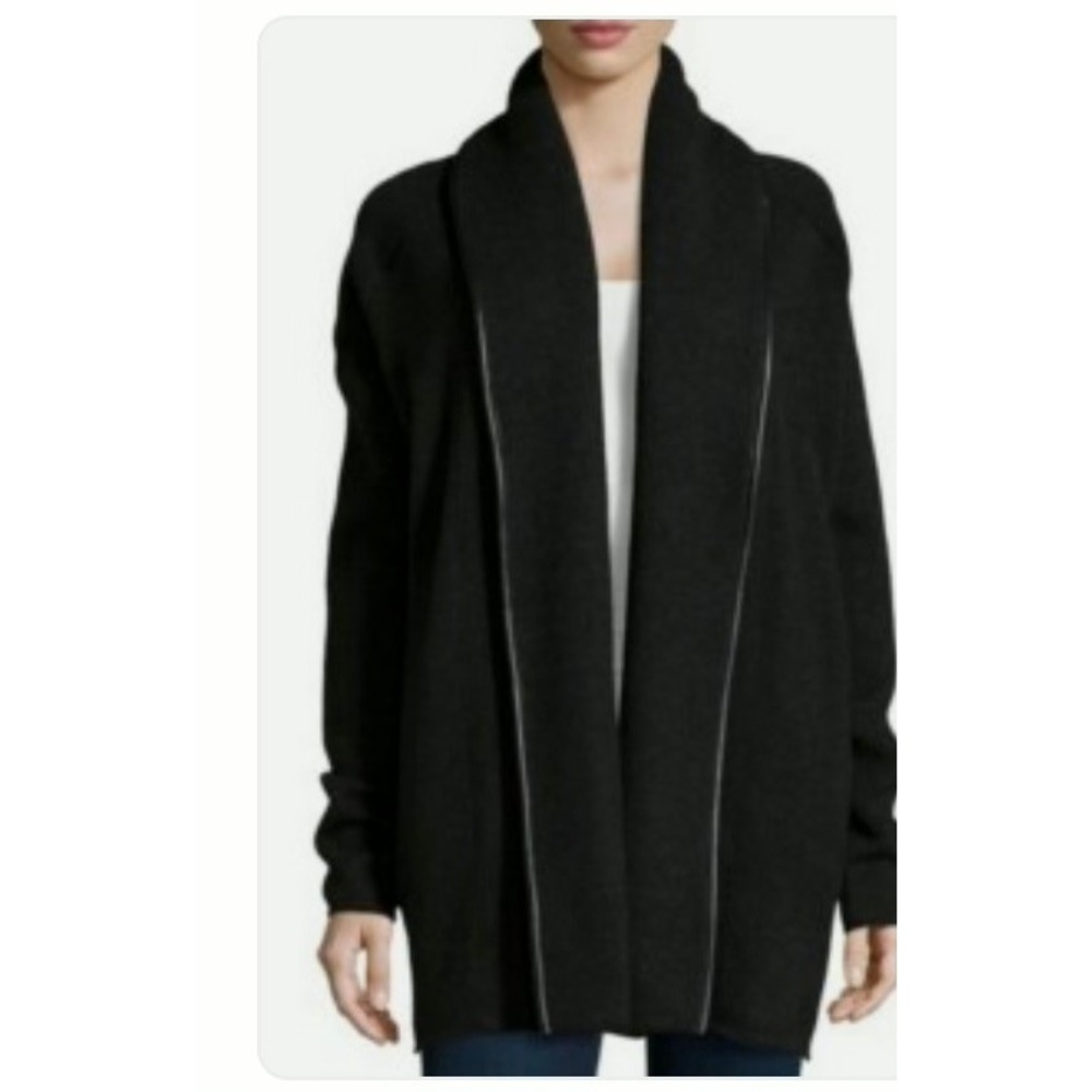 Vince Womens Cardigan XS Black Leather Trim Yak Wool Blend Open Front Shawl